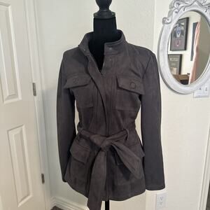 White House Black Market Gray Suede Belted Military Style Jacket Medium EUC